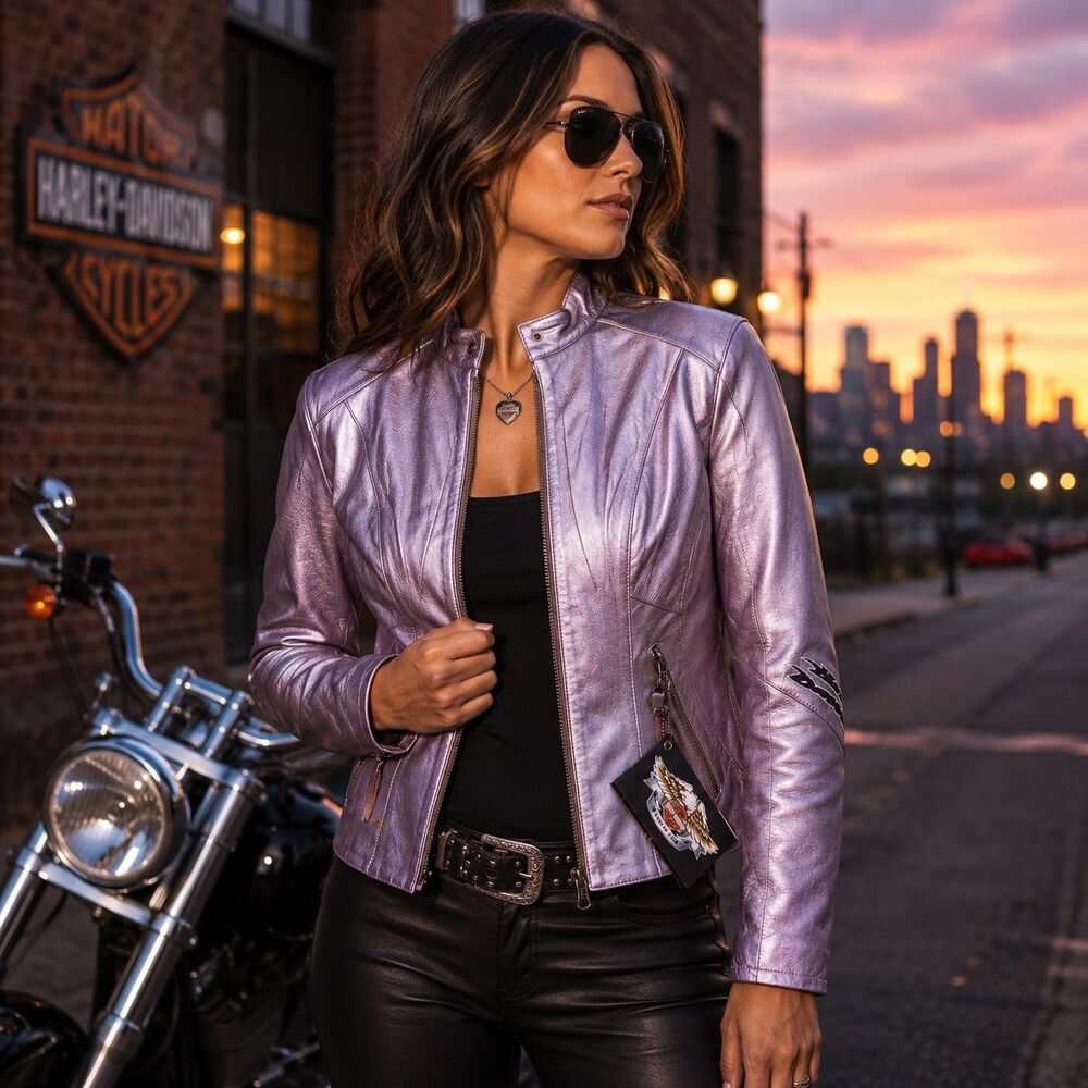 Harley Davidson Women's Leather Moto Jacket Small Metallic Purple Y2K 2005 NWT